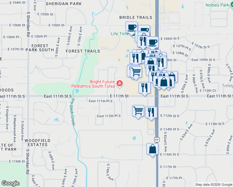 map of restaurants, bars, coffee shops, grocery stores, and more near 11017 South 77th East Place in Tulsa