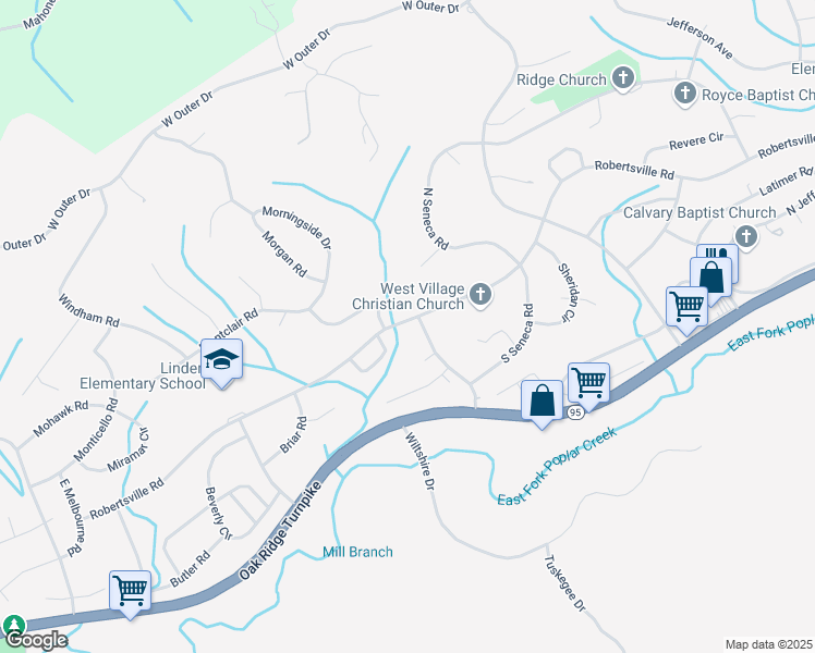 map of restaurants, bars, coffee shops, grocery stores, and more near 657 Robertsville Road in Oak Ridge