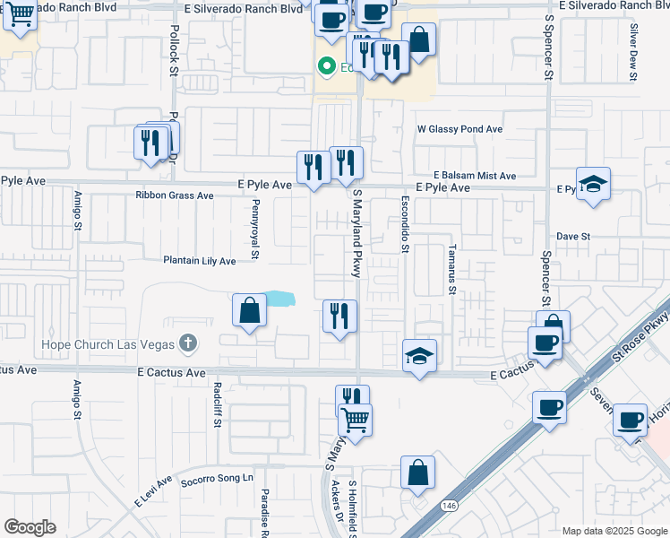 map of restaurants, bars, coffee shops, grocery stores, and more near 10245 South Maryland Parkway in Las Vegas