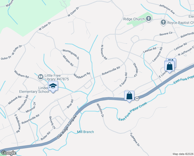 map of restaurants, bars, coffee shops, grocery stores, and more near 657 Robertsville Road in Oak Ridge