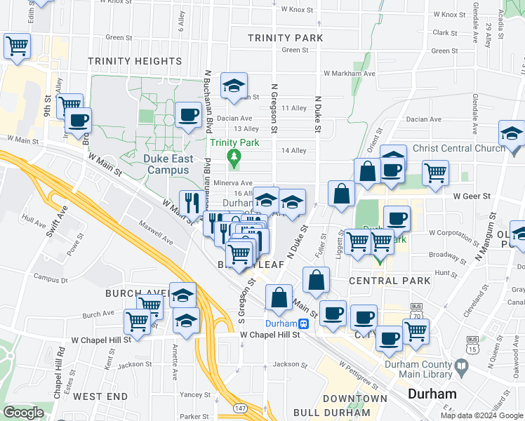 map of restaurants, bars, coffee shops, grocery stores, and more near 1007 Gloria Avenue in Durham