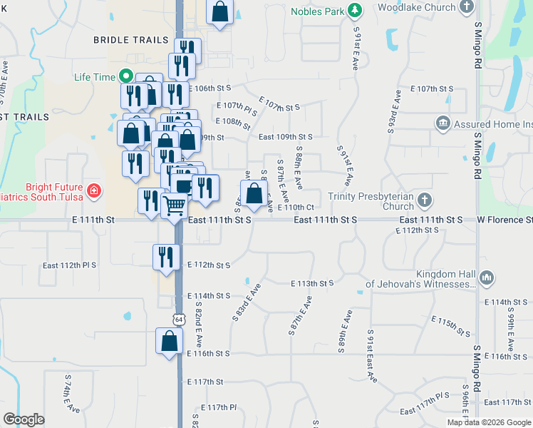 map of restaurants, bars, coffee shops, grocery stores, and more near 11006 South 86th East Avenue in Tulsa