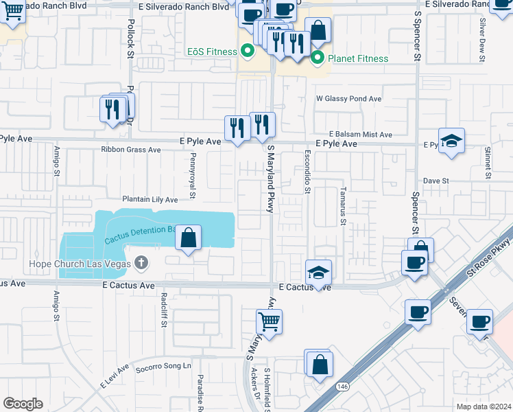 map of restaurants, bars, coffee shops, grocery stores, and more near 10245 South Maryland Parkway in Las Vegas