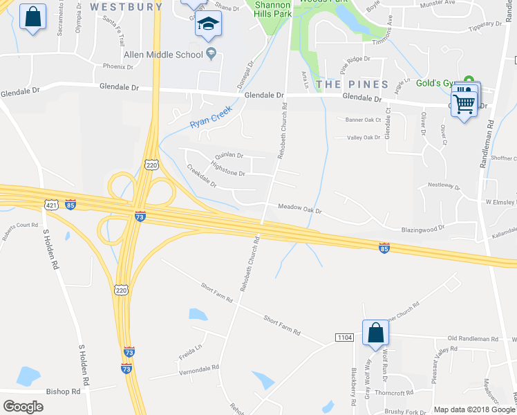 map of restaurants, bars, coffee shops, grocery stores, and more near 1001 Meadow Oak Drive in Greensboro
