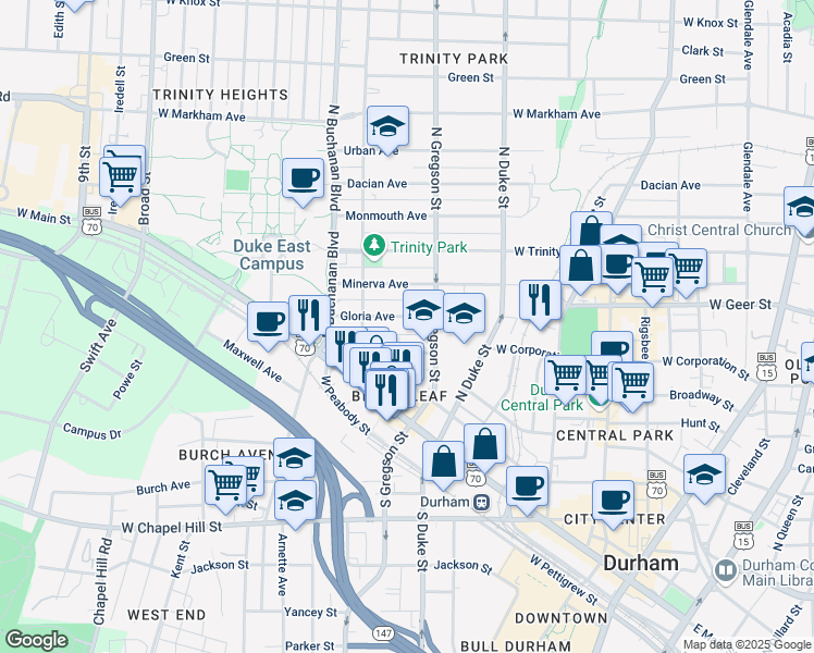 map of restaurants, bars, coffee shops, grocery stores, and more near 1013 Gloria Avenue in Durham