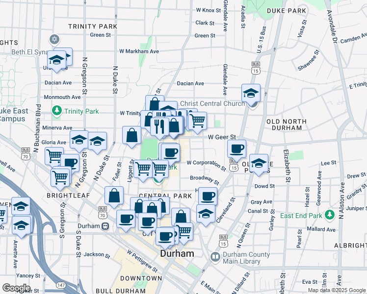 map of restaurants, bars, coffee shops, grocery stores, and more near 726 Rigsbee Avenue in Durham