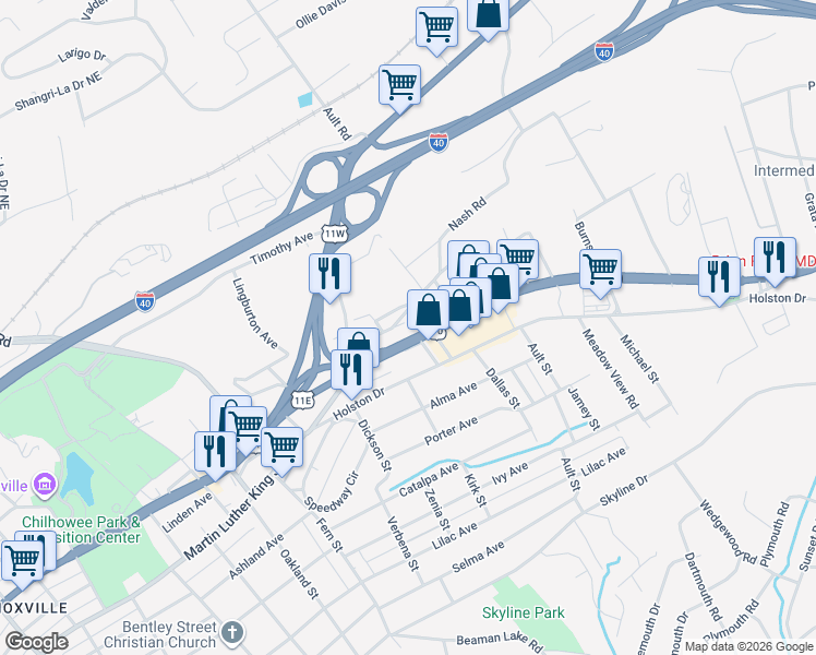 map of restaurants, bars, coffee shops, grocery stores, and more near 3956 Linden Avenue in Knoxville