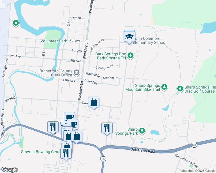 map of restaurants, bars, coffee shops, grocery stores, and more near 205 Arnold Drive in Smyrna