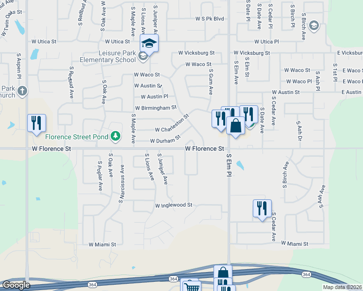 map of restaurants, bars, coffee shops, grocery stores, and more near 1164 West Florence Court in Broken Arrow
