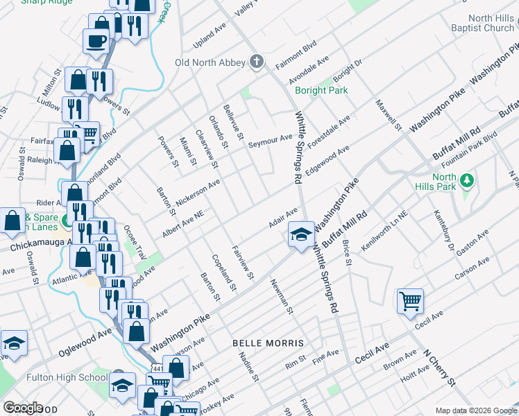 map of restaurants, bars, coffee shops, grocery stores, and more near 2300 Edgewood Avenue in Knoxville