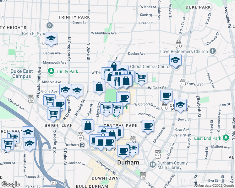 map of restaurants, bars, coffee shops, grocery stores, and more near 619 Foster Street in Durham