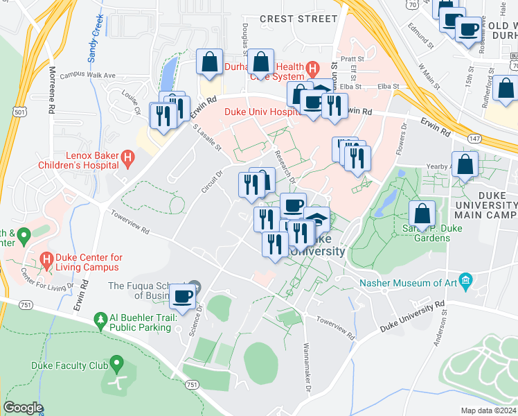 map of restaurants, bars, coffee shops, grocery stores, and more near 136 Science Drive in Durham