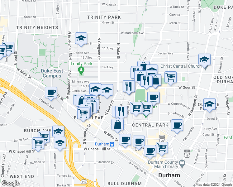 map of restaurants, bars, coffee shops, grocery stores, and more near 501 North Duke Street in Durham