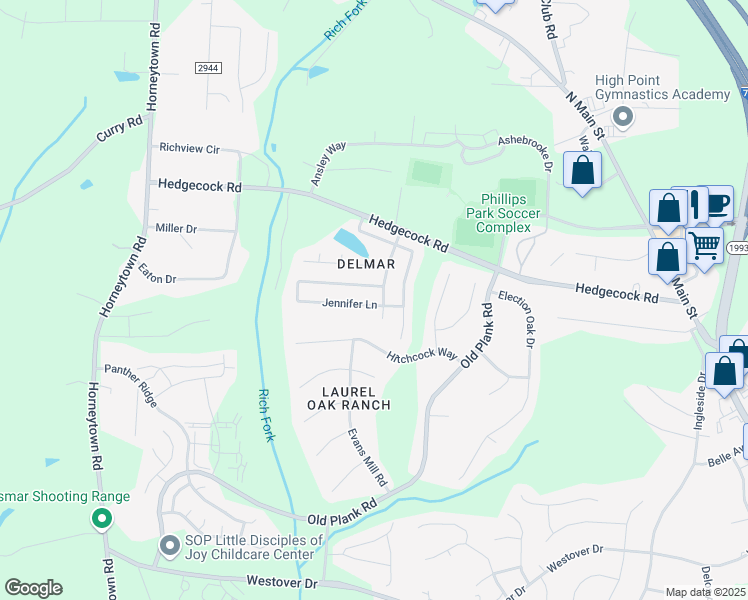 map of restaurants, bars, coffee shops, grocery stores, and more near 820 Jennifer Lane in High Point