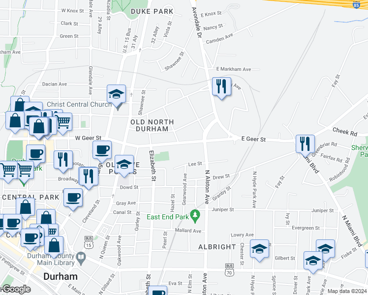 map of restaurants, bars, coffee shops, grocery stores, and more near 504 East Geer Street in Durham