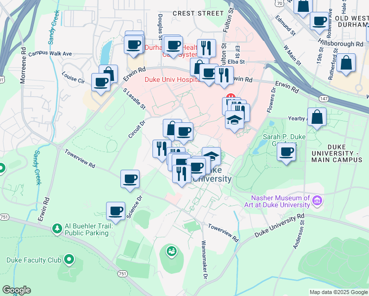 map of restaurants, bars, coffee shops, grocery stores, and more near 101 Science Drive in Durham