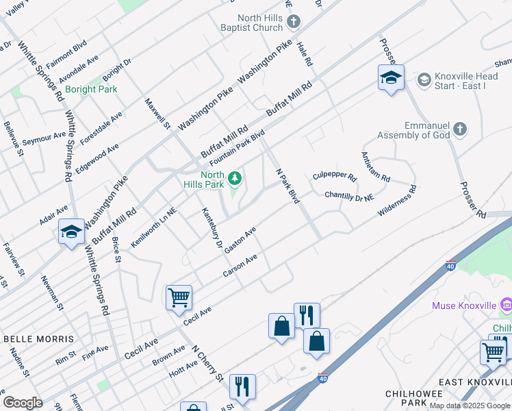 map of restaurants, bars, coffee shops, grocery stores, and more near 3022 North Hills Boulevard in Knoxville