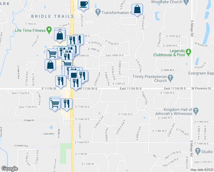 map of restaurants, bars, coffee shops, grocery stores, and more near 11006 South 86th East Avenue in Tulsa