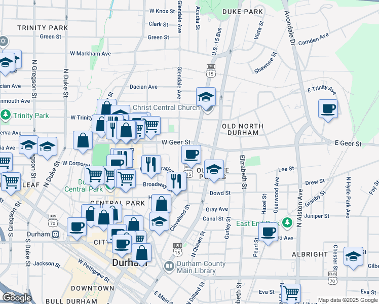 map of restaurants, bars, coffee shops, grocery stores, and more near 823 North Mangum Street in Durham