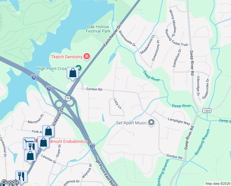 map of restaurants, bars, coffee shops, grocery stores, and more near 2302 Gordon Road in High Point