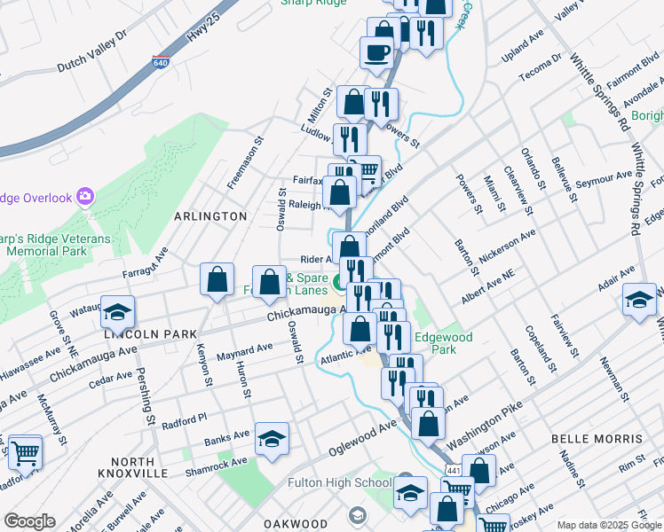 map of restaurants, bars, coffee shops, grocery stores, and more near 1306 Rider Avenue in Knoxville