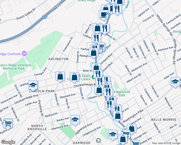 map of restaurants, bars, coffee shops, grocery stores, and more near 1306 Rider Avenue in Knoxville