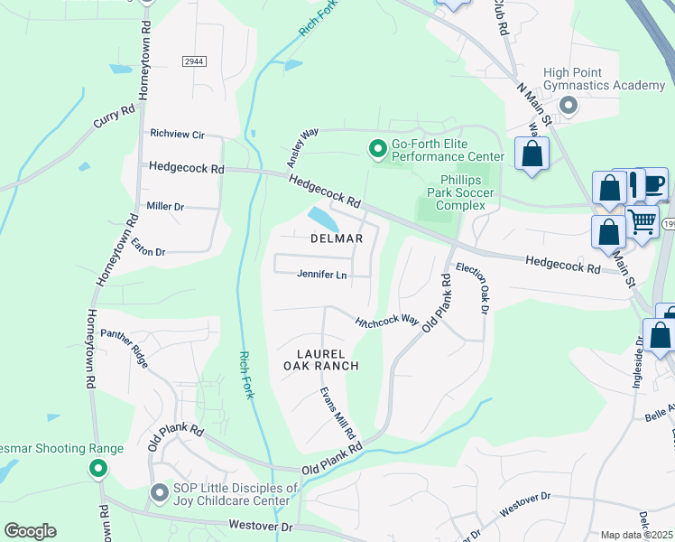 map of restaurants, bars, coffee shops, grocery stores, and more near 828 Jennifer Lane in High Point