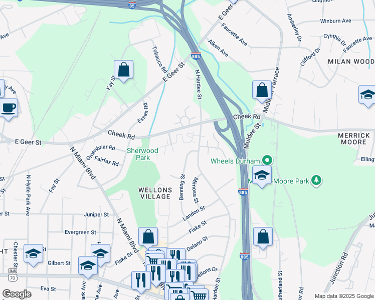 map of restaurants, bars, coffee shops, grocery stores, and more near 1127 Benning Street in Durham
