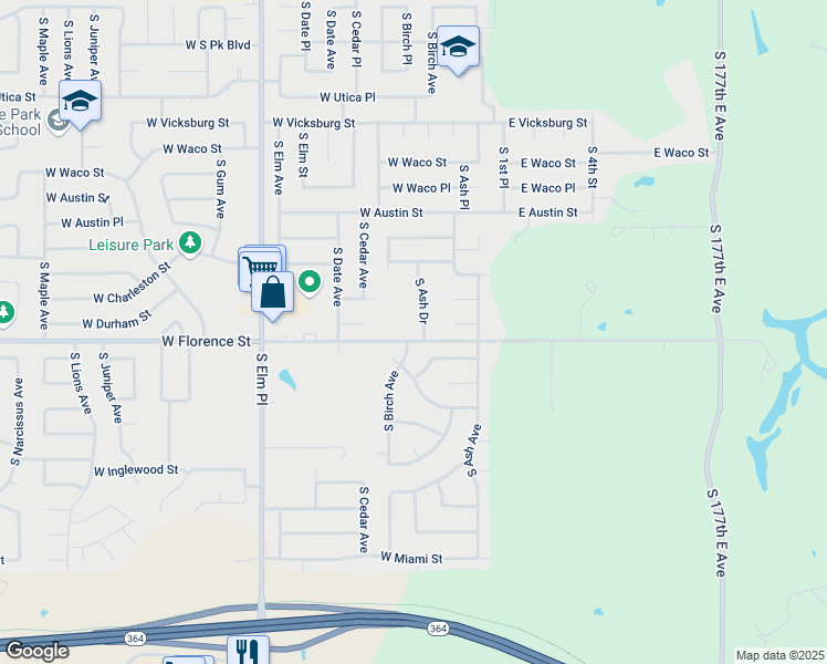 map of restaurants, bars, coffee shops, grocery stores, and more near 4722 South Ash Drive in Broken Arrow