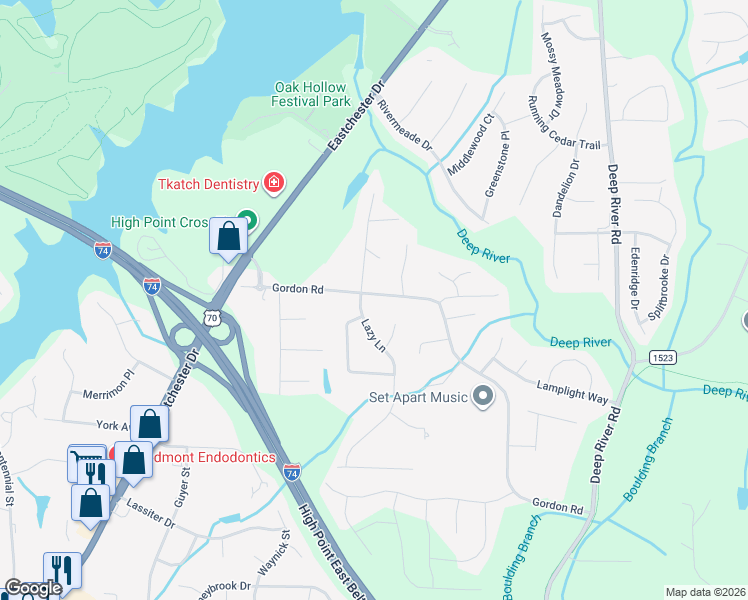map of restaurants, bars, coffee shops, grocery stores, and more near 2302 Gordon Road in High Point