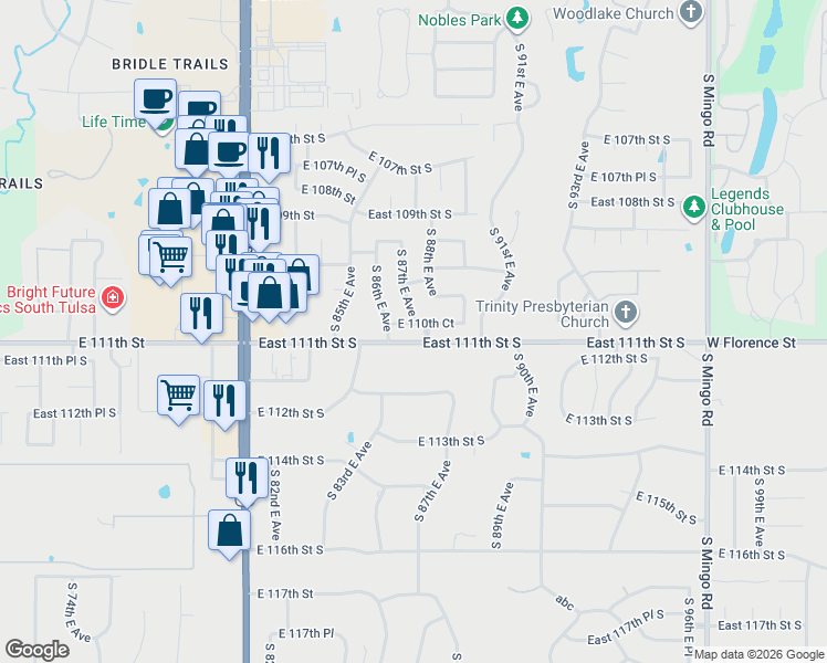 map of restaurants, bars, coffee shops, grocery stores, and more near 8614 East 110th Court in Tulsa