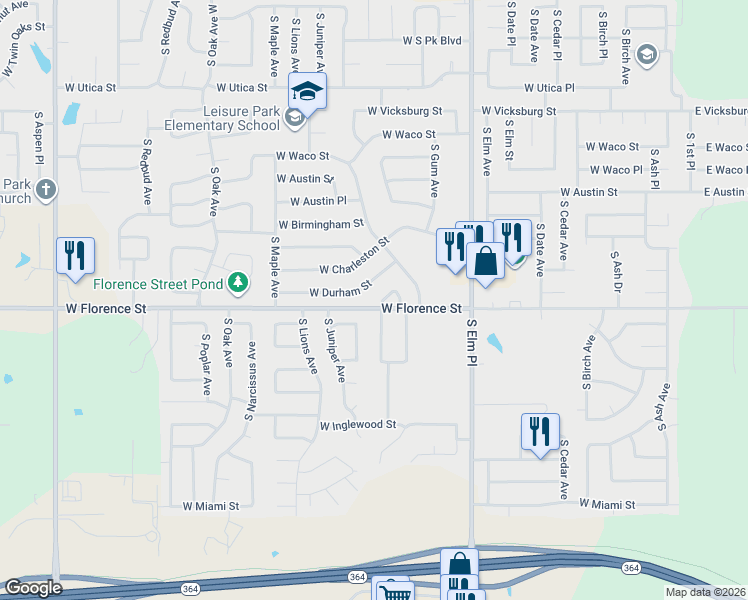 map of restaurants, bars, coffee shops, grocery stores, and more near 1164 West Florence Court in Broken Arrow