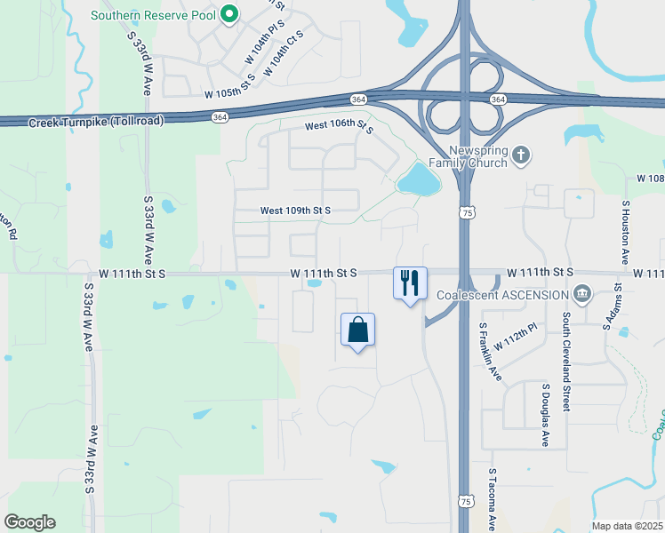 map of restaurants, bars, coffee shops, grocery stores, and more near 3633 West 111th Street South in Jenks