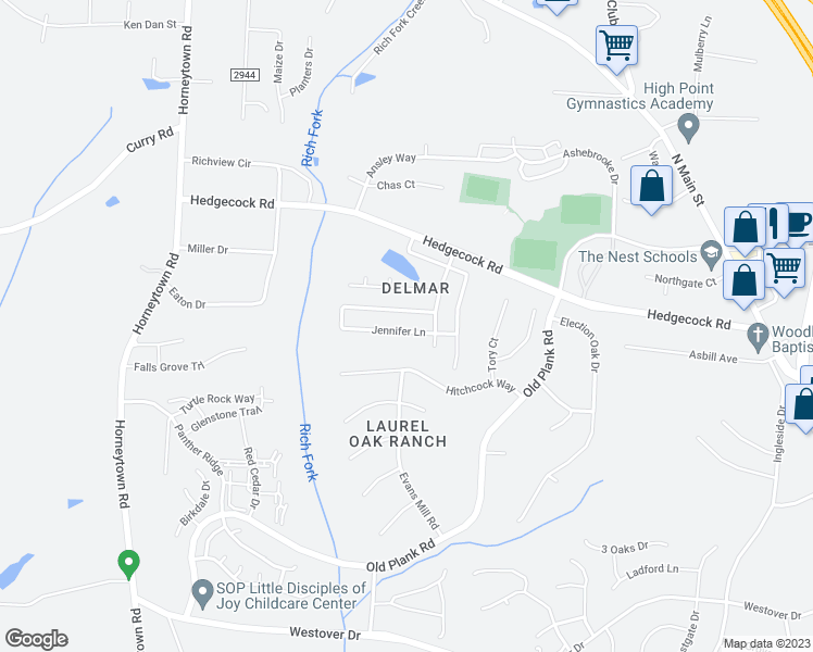 map of restaurants, bars, coffee shops, grocery stores, and more near 836 Jennifer Lane in High Point
