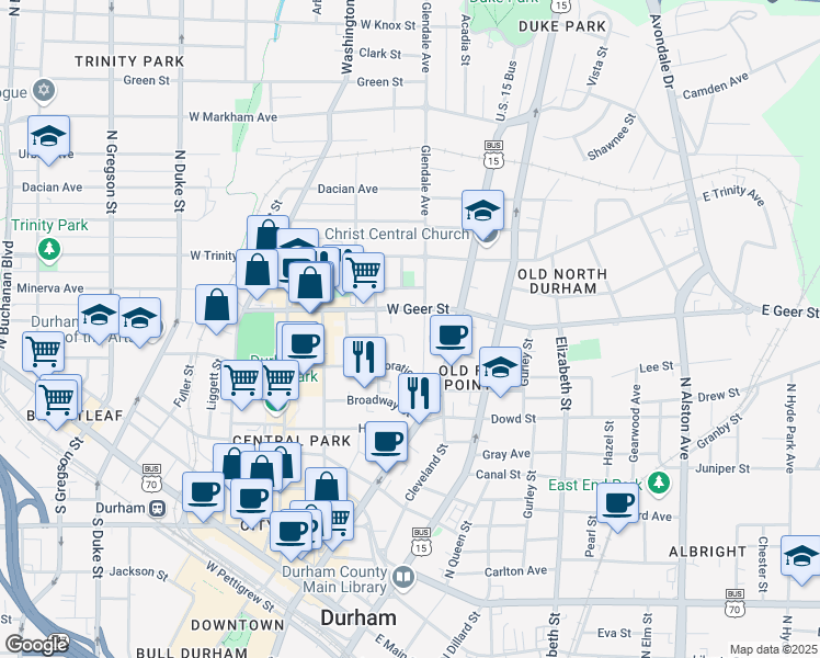 map of restaurants, bars, coffee shops, grocery stores, and more near 825 Glendale Avenue in Durham