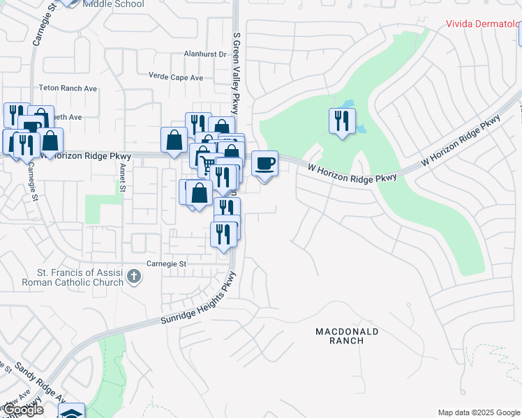 map of restaurants, bars, coffee shops, grocery stores, and more near 2162 Sunset Valley Street in Henderson