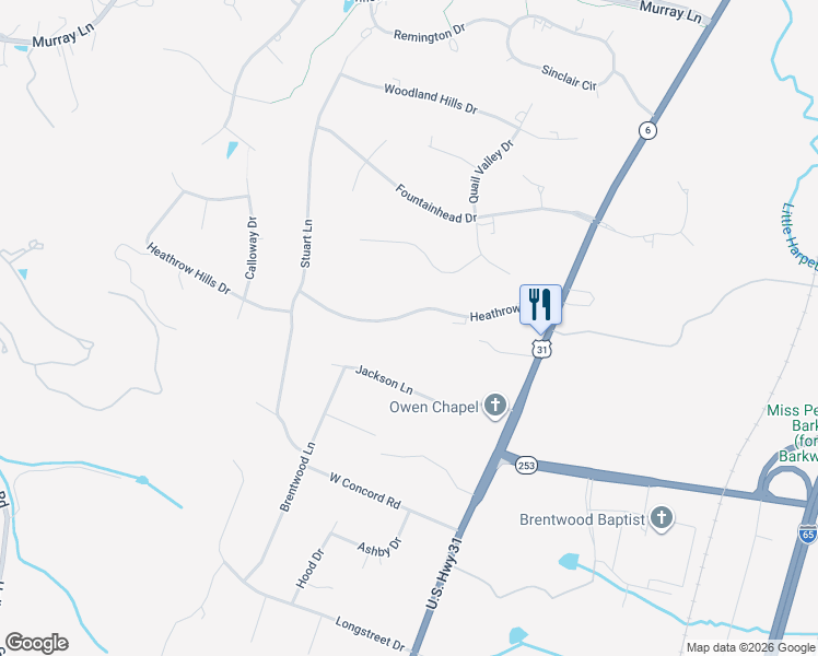 map of restaurants, bars, coffee shops, grocery stores, and more near 5103 Heathrow Boulevard in Brentwood