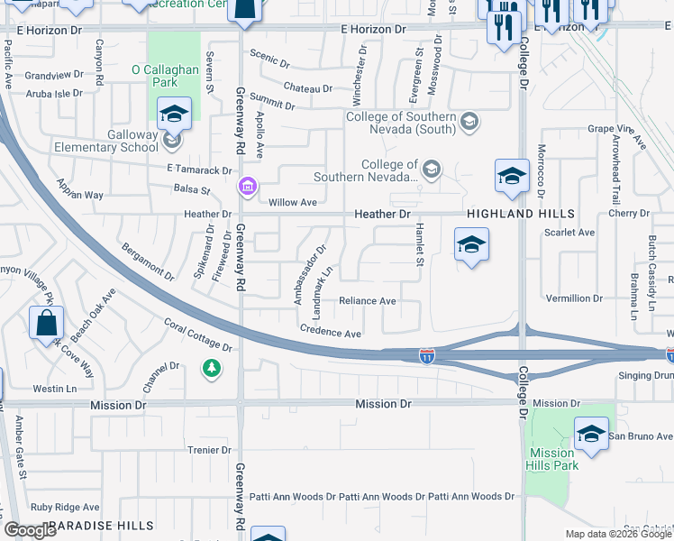 map of restaurants, bars, coffee shops, grocery stores, and more near 523 Landmark Lane in Henderson