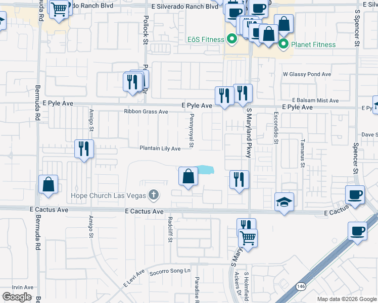 map of restaurants, bars, coffee shops, grocery stores, and more near 1013 Silver Creek Avenue in Las Vegas