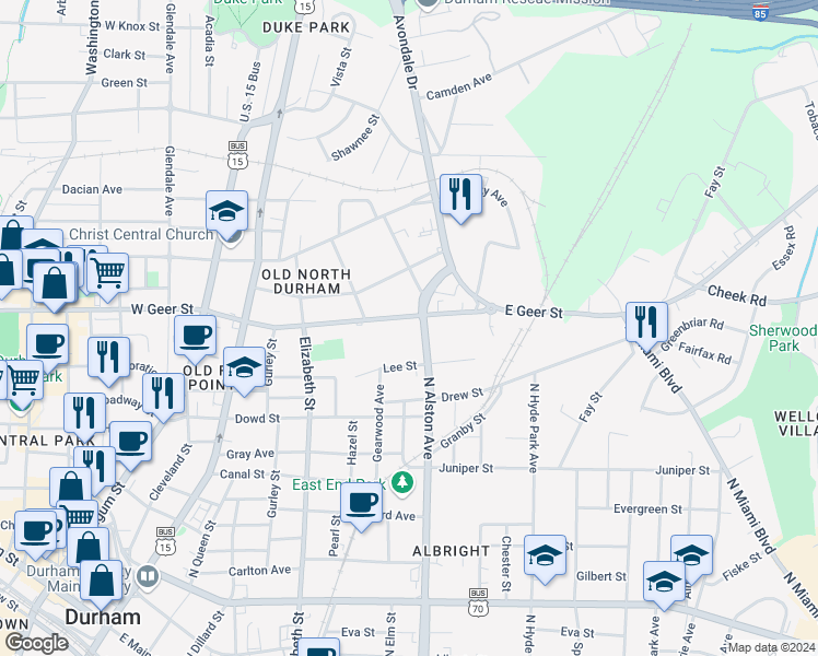 map of restaurants, bars, coffee shops, grocery stores, and more near 520 East Geer Street in Durham