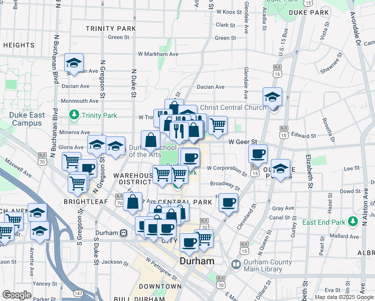 map of restaurants, bars, coffee shops, grocery stores, and more near 619 Foster Street in Durham