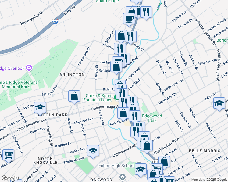 map of restaurants, bars, coffee shops, grocery stores, and more near 1306 Rider Avenue in Knoxville