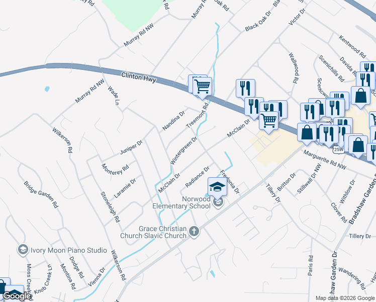 map of restaurants, bars, coffee shops, grocery stores, and more near 2000 Wintergreen Drive in Knoxville