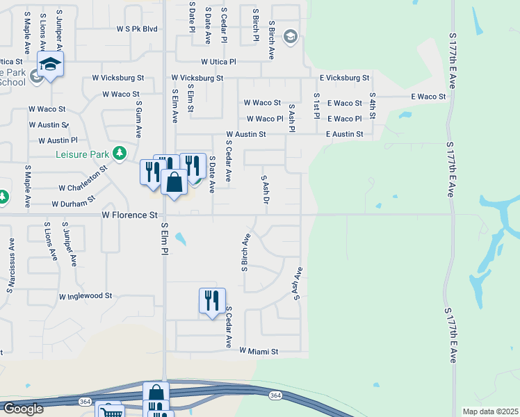 map of restaurants, bars, coffee shops, grocery stores, and more near 4722 South Ash Drive in Broken Arrow