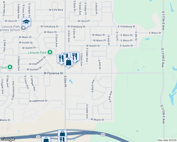 map of restaurants, bars, coffee shops, grocery stores, and more near 305 West Durham Place in Broken Arrow