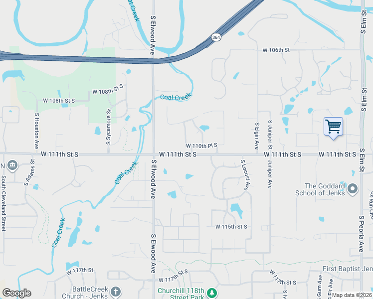 map of restaurants, bars, coffee shops, grocery stores, and more near 1704 West 110th Place South in Jenks
