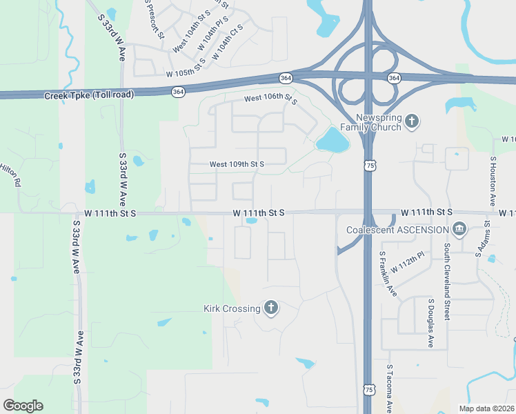 map of restaurants, bars, coffee shops, grocery stores, and more near 3633 West 111th Street South in Jenks