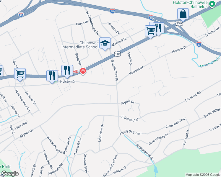 map of restaurants, bars, coffee shops, grocery stores, and more near 5020 Holston Drive in Knoxville