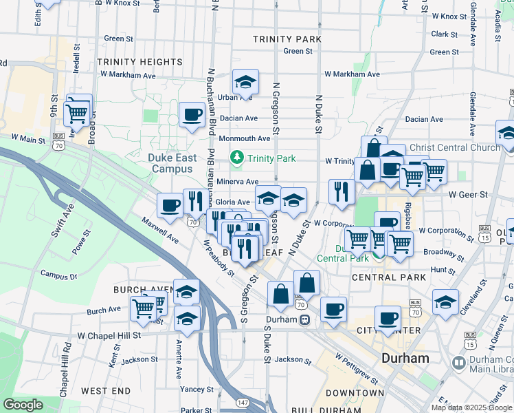 map of restaurants, bars, coffee shops, grocery stores, and more near 1013 Gloria Avenue in Durham