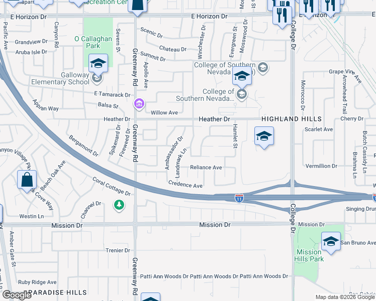 map of restaurants, bars, coffee shops, grocery stores, and more near 523 Landmark Lane in Henderson